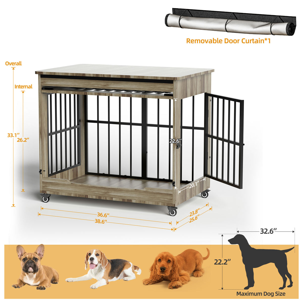 38in Dog Crate Furniture, Double Door Wooden Indoor Dog Kennel Furniture, Decorative Pet Cage End Table With Wheels For 