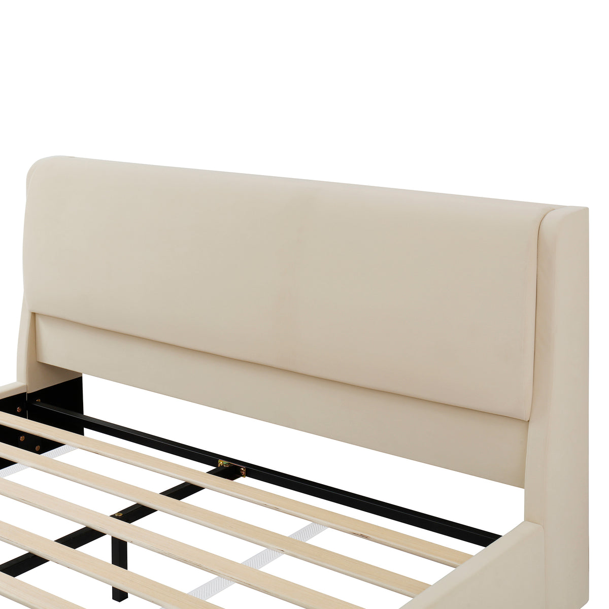 Queen Size Upholstered Platform Bed Frame with Dual Cat Caves, LED Lighted Pet Nests at Footboard, Beige
