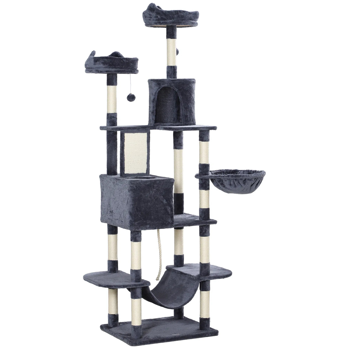81" Large Cat Tree w/ Scratching Posts, Condos, Beds, Hammocks, Jumping Platforms, Toy Balls, Rope Cat Toy, Dark Grey