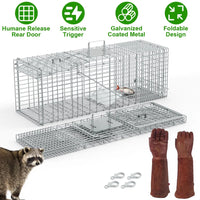 Humane Cat Trap Cage With Gloves Catch Release Live Animal Rodent Cage Collapsible Galvanized Wire For Raccoons Beavers 