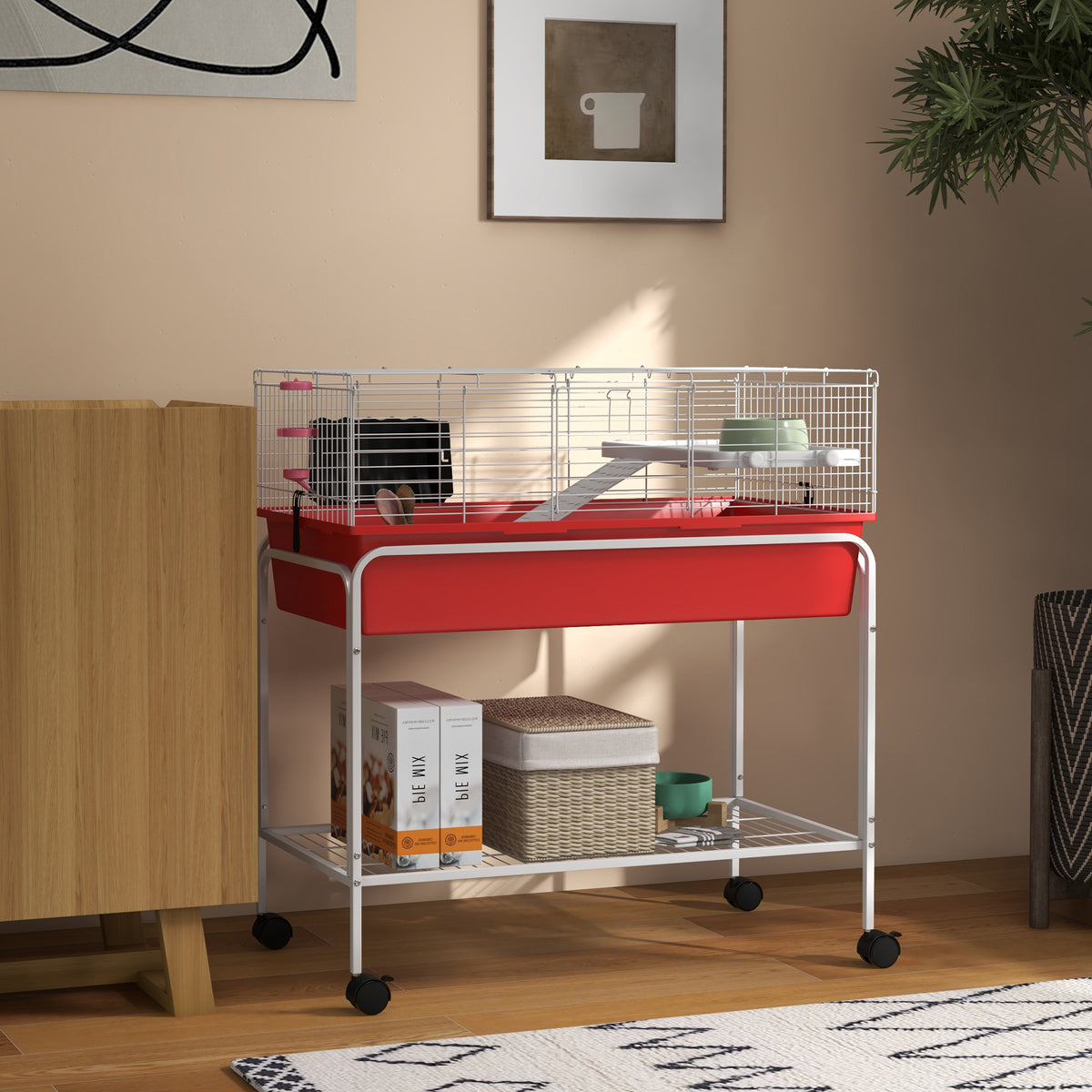 Two-Story Small Animal Cage Removable from Stand, Pet Habitat with Shelf & Wheels, 33" x 18.5" x 35", Red