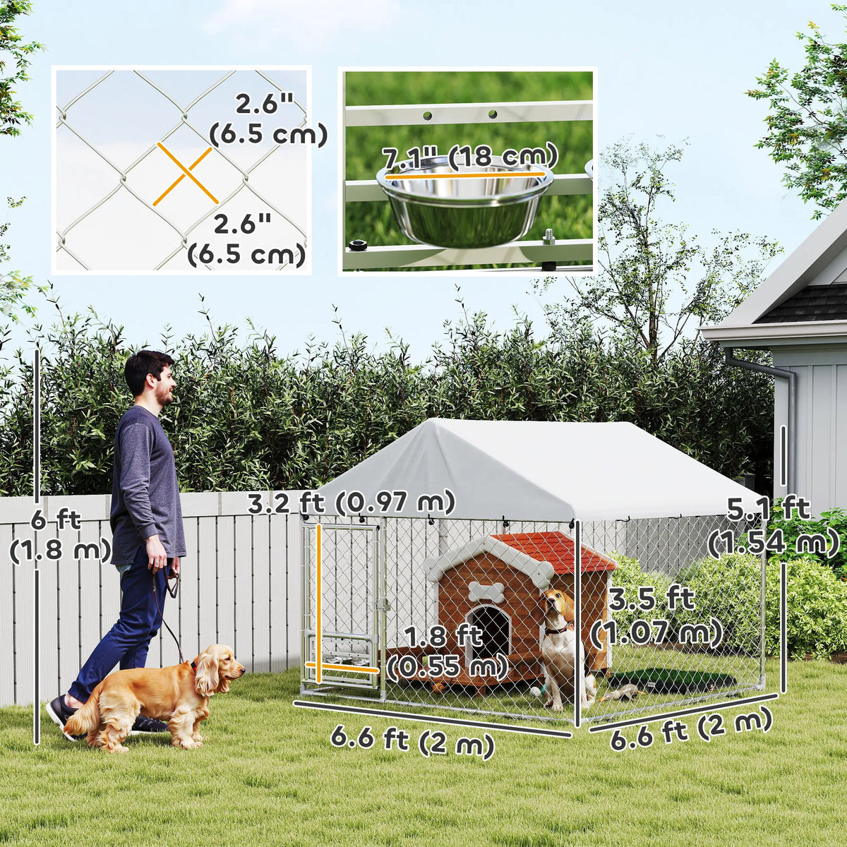 Outdoor Dog Run w/ Adjustable & Rotating Bowls, Waterproof UV-Resistant Cover, Secure Lock, 6.6' x 6.6' x 5.1'