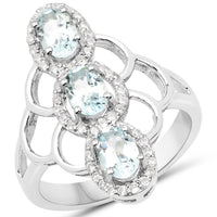 1.54 Carat Genuine Aquamarine and White Zircon .925 Sterling Silver Ring