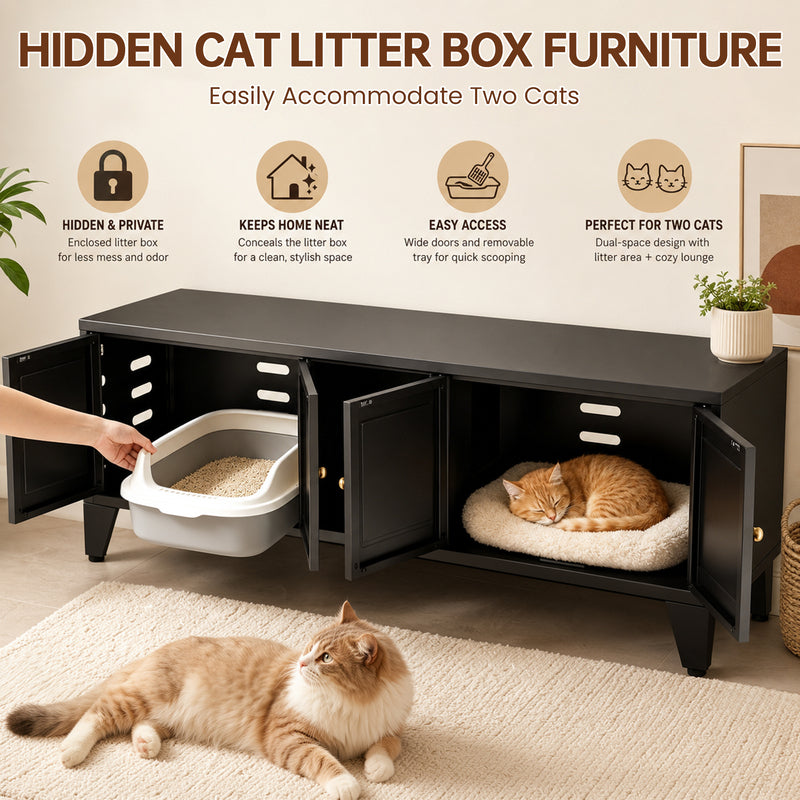 58in Metal Cat Litter Box Enclosure, Hidden Litter Furniture For 2 Cats, Large Indoor Cat House TV Stand Cabinet W Venti