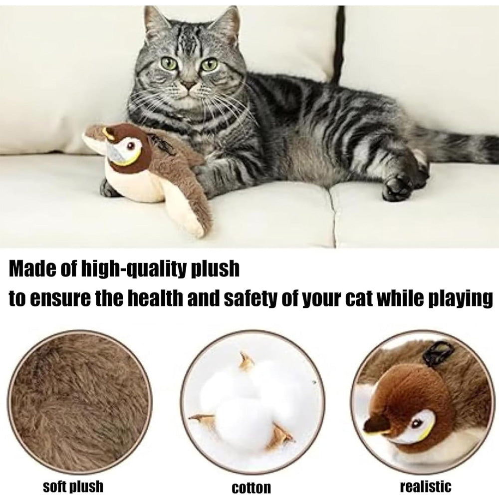 USB Rechargeable Flapping Bird Cat Toy, Realistic Chirping White Faced Sparrow Plush Toy, Motion Activated Electronic In