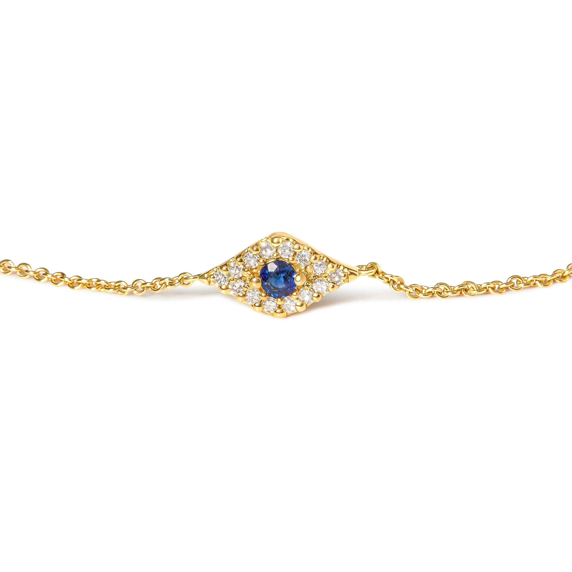 10K Yellow Gold Blue Sapphire and Diamond Accent Evil Eye Station Link Bracelet  (H-I Color, I1-I2 Clarity) - Size 7"