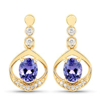 0.76 Carat Genuine Tanzanite and White Diamond 14K Yellow Gold Earrings