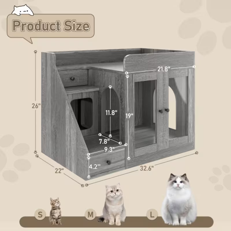 Litter Box Enclosure Cabinet with LED Light – 2-Drawer Cat House Side Table, White/Black/Gray