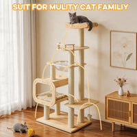 Modern Heavy-Duty No-Drill Cat Tree-Solid Wood Multi-Story Board, 4-Story Multi-Column Cat Tower, 57.9in For Multi-Cat H