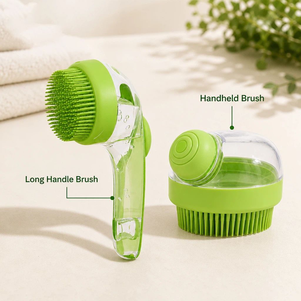 2 Pack Long & Short Handheld Dog Cat Shower Brush With Liquid Dispenser, Soft Silicone Grooming Brush For Pet Bathing & 
