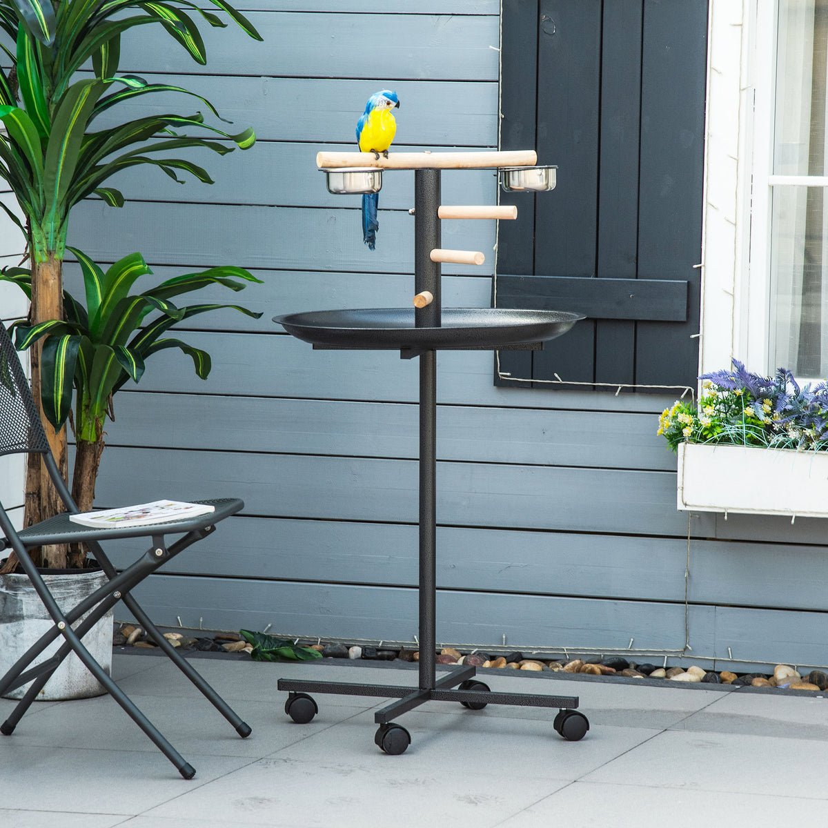 Portable Bird Play Stand, Parrot Perch Bird Feeder Station with Wheels, Stainless Steel Feeding Bowls, Tray, Gray