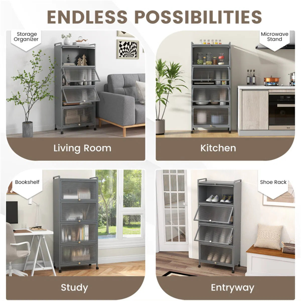 5-Tier Rolling Microwave Stand Flip Dust-Proof Doors 4 Casters with Brakes Kitchen Storage Rack Gray