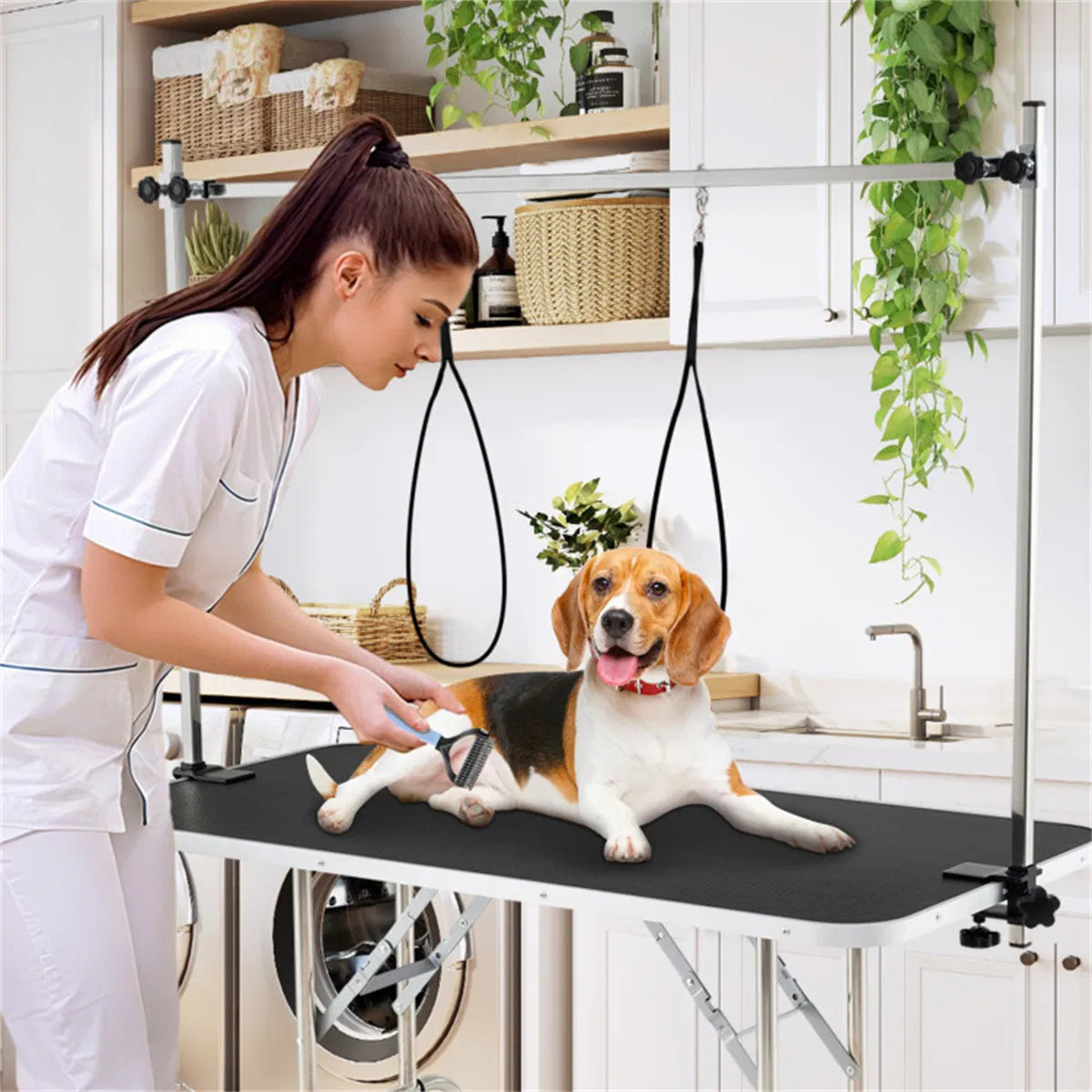 Foldable Pet Grooming Table with Adjustable H-shaped Arms, 330 LBS Capacity for Small-Large Dogs