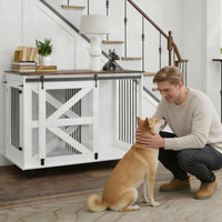 47.2 Mobile Dog Crate With Flip-Top Feeding Door, Dual-Access & 5 Caster System 2 Locking, Side Hooks - Multi-Functional
