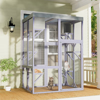 Outdoor Wooden Catio Multi-functional Cat Enclosure, 4 Platforms & 2 Napping Houses, 2 Strong Locks, Rounded Corner, Ste