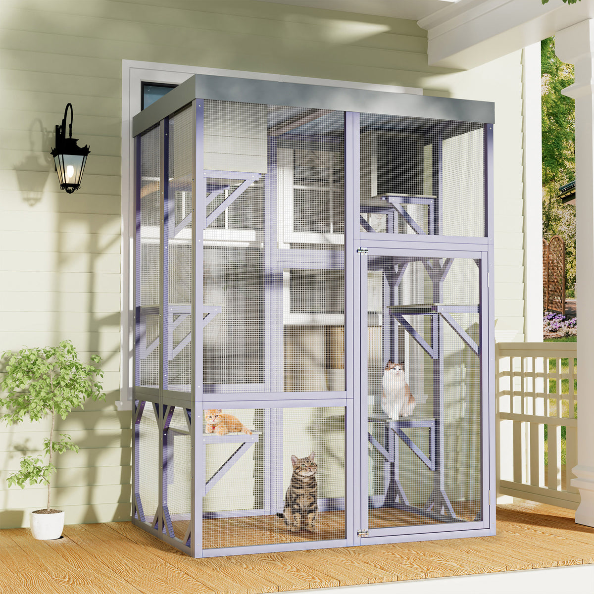 Outdoor Wooden Catio Multi-functional Cat Enclosure, 4 Platforms & 2 Napping Houses, 2 Strong Locks, Rounded Corner, Ste