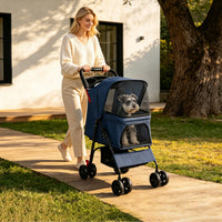 Foldable Pet Stroller for Small Dogs and Cats Under 28 lbs with Multi-Functional Tray, 2 Safety Leashes, Storage Basket 