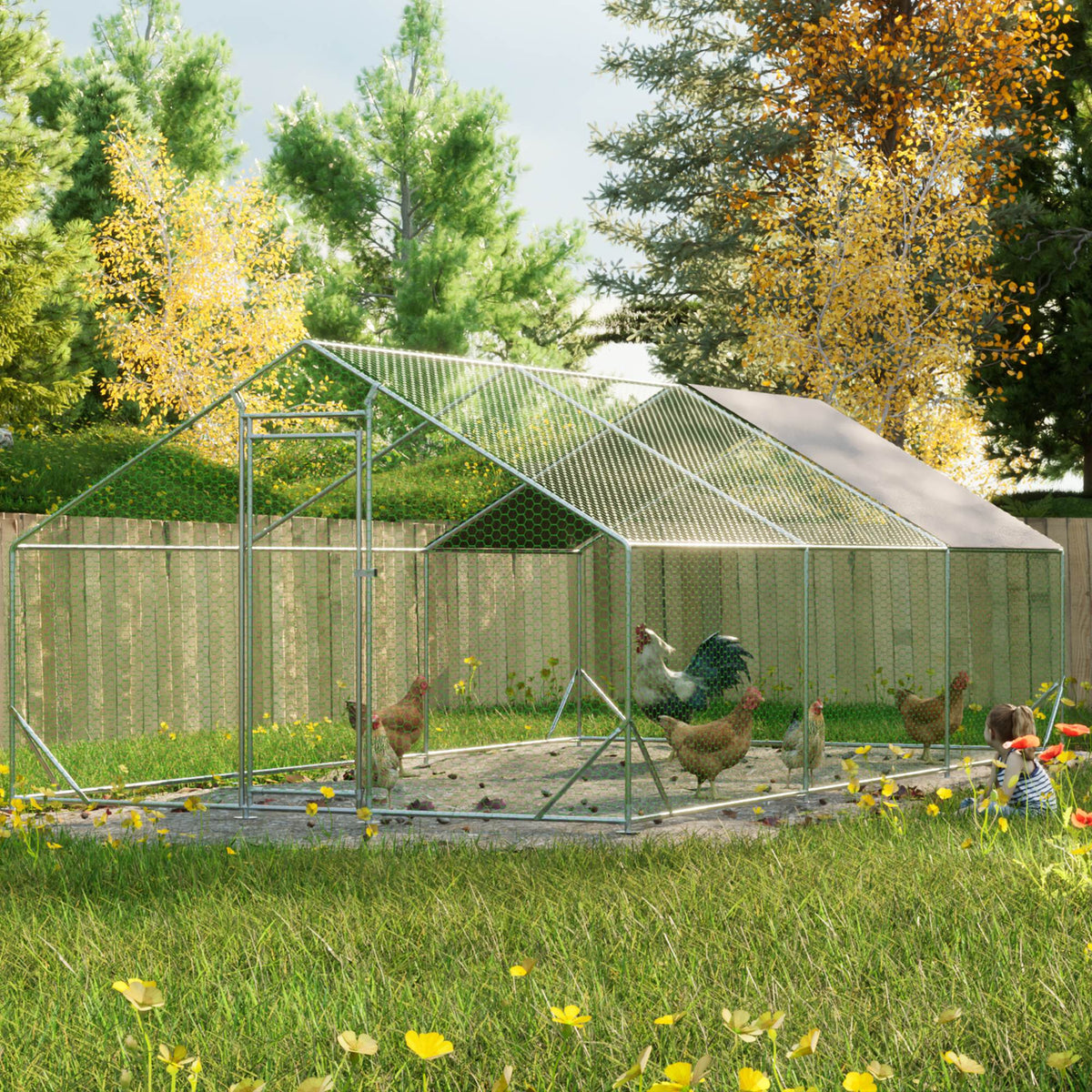 Large Metal Chicken Coop, Walk-in Chicken Run, Galvanized Wire Poultry Chicken Hen Pen Cage, Rabbits Duck Cages With Wat