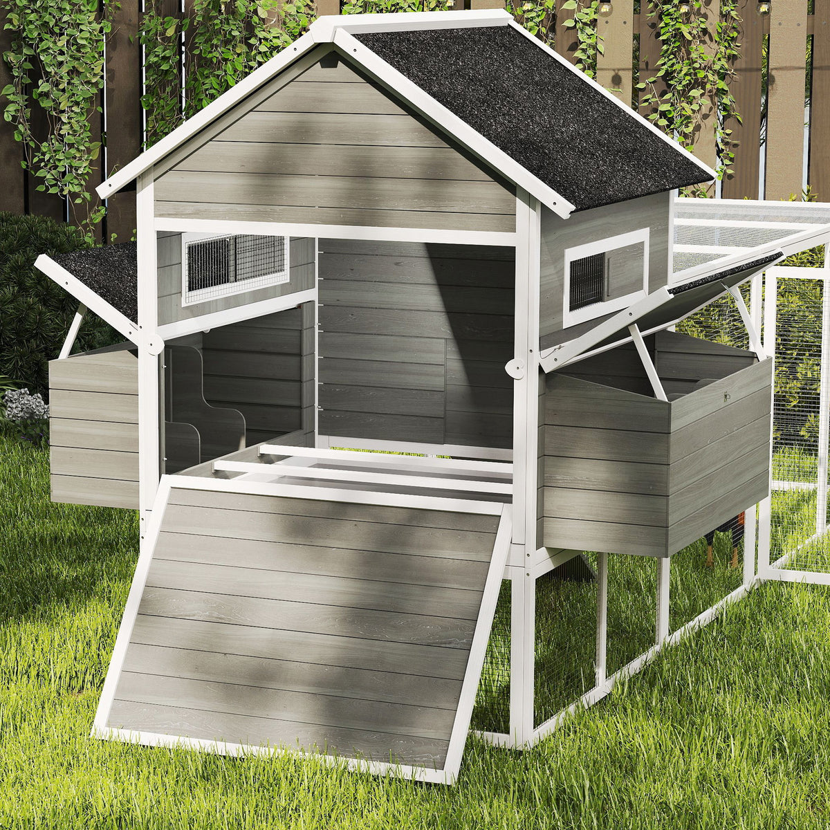 137" Wooden Chicken Coop for 4-6 Chickens, Backyard, Dark Gray
