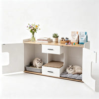 Large Cat Litter Box Enclosure Furniture with Storage Drawers & Built-In Scratching Board, Hidden Cat Washroom Cabinet w