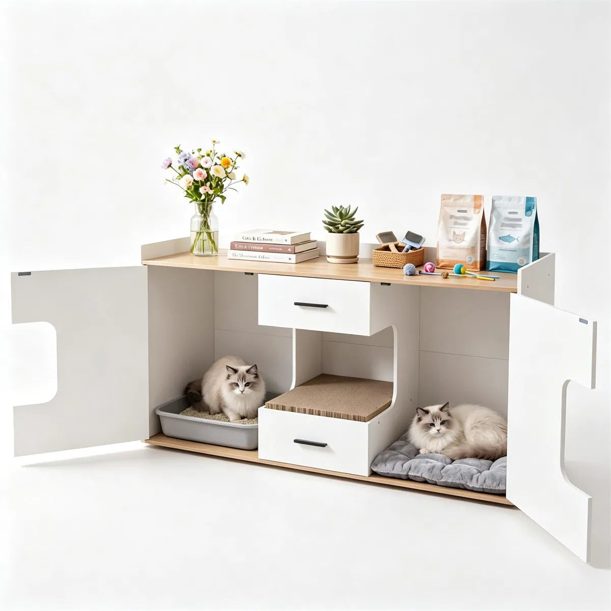 Large Cat Litter Box Enclosure Furniture with Storage Drawers & Built-In Scratching Board, Hidden Cat Washroom Cabinet w