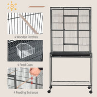 30'' Large Rolling Metal Bird Cage Bird House with Detachable Rolling Stand, Storage Shelf, Wood Perch Food Container - 