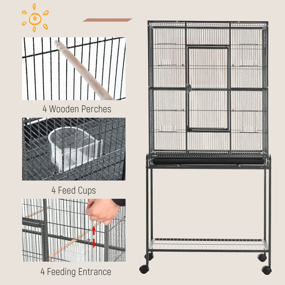 30'' Large Rolling Metal Bird Cage Bird House with Detachable Rolling Stand, Storage Shelf, Wood Perch Food Container - 