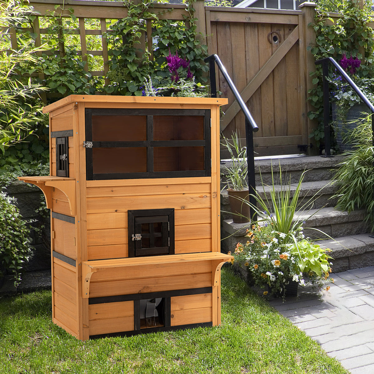 Outdoor Cat House, 3-Tier Kitty Shelter with 5 Escape Doors, Weather Resistant, Yellow & Black