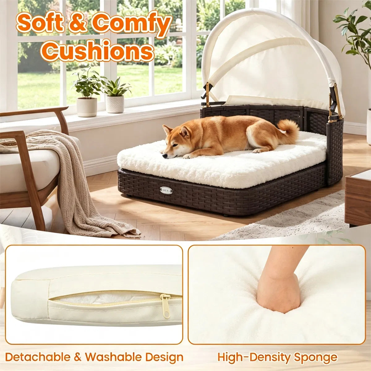 Hand-Woven PE Rattan Dog Bed with Adjustable Canopy, Elevated Outdoor Pet Daybed with Washable Plush Cushion, Anti-Slip 
