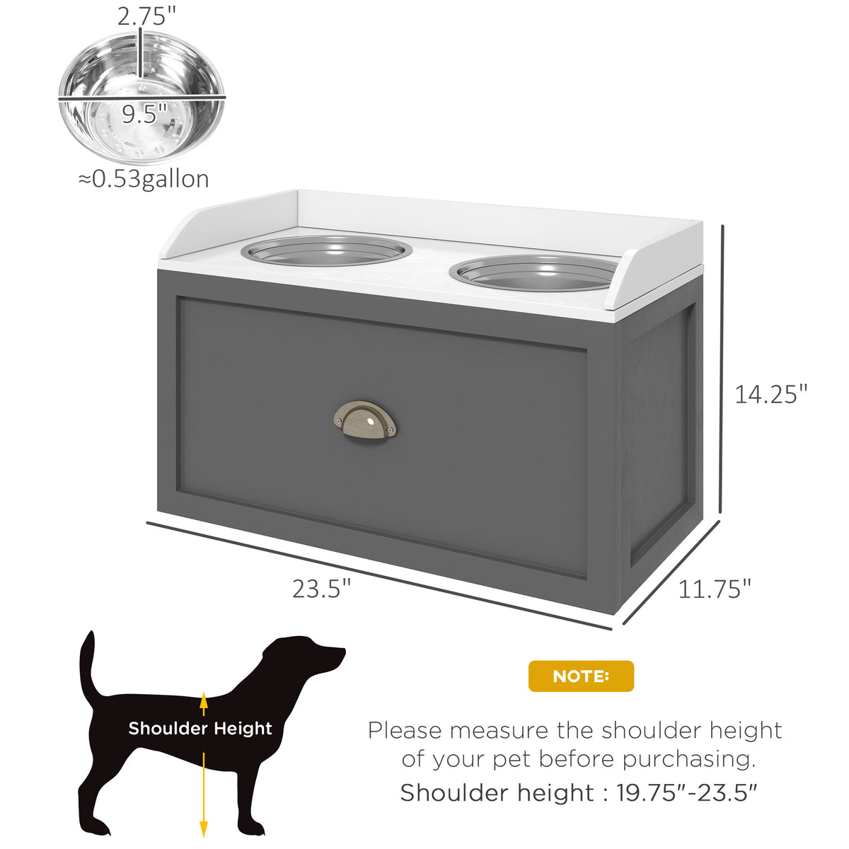 Pet Feeding Station Pet Dish Bowl Set with Storage, 2 Elevated Dog Bowls for Large Sized Dogs, Gray