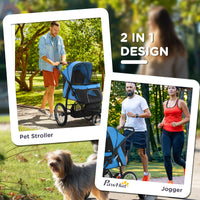 3 Wheels Pet Stroller for Small Dogs and Medium Dogs with Adjustable Canopy, Safety Tether, Storage Basket, Blue