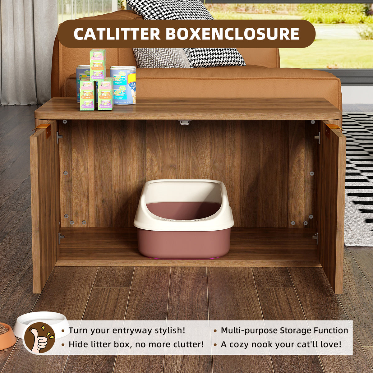 31.5" Walnut Cat Litter Box Enclosure Furniture, Large Decorative Hidden Litter Box Cabinet, Fluted Mid Century Modern K