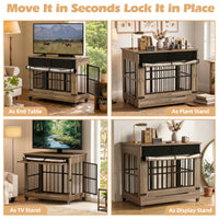 42in Large Dog Crate Furniture, Double Door Wooden Indoor Dog Kennel Furniture, Decorative Pet Cage End Table With Wheel
