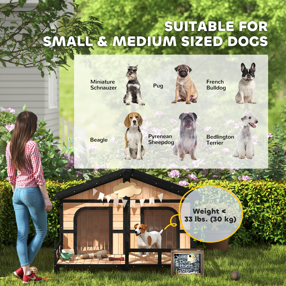 Dog House Outdoor, Wooden Dog Kennel Weatherproof with Porch, Openable Roof, Removable Bottom, Elevated Floor, Double Ro