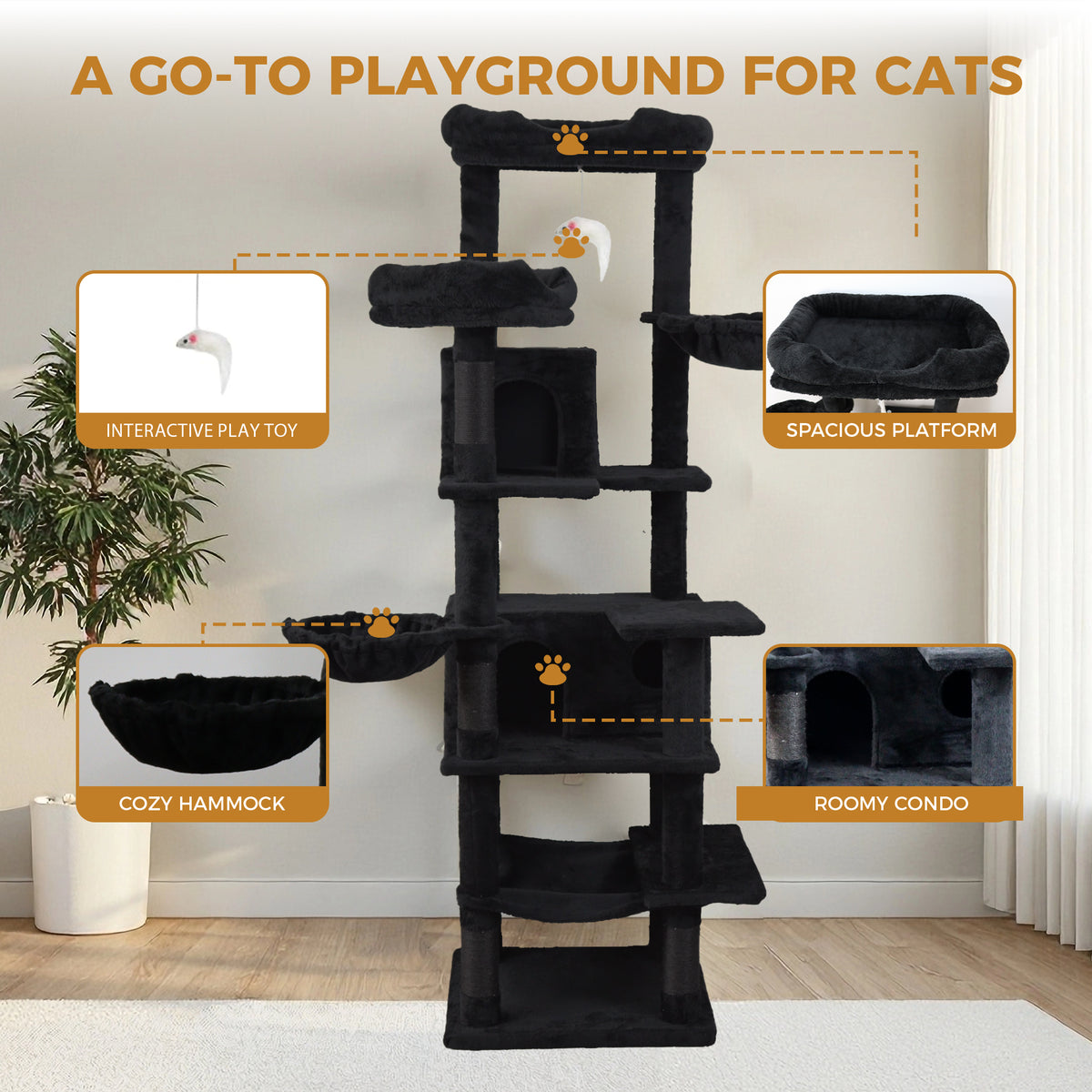 68in Tall Multi-Level Green Cat Tree with Hammocks, Hanging Basket, Cat Cave, Removeable Cushion, Scratching Posts - Plu