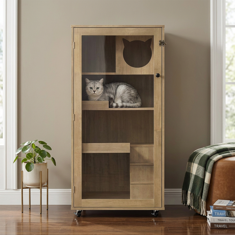 Basia Rubber Wood Cat Cabinet with Wheels, Ventilated Indoor Cat Condo with Multi-Level Shelves & Lockable Door, Safe & 