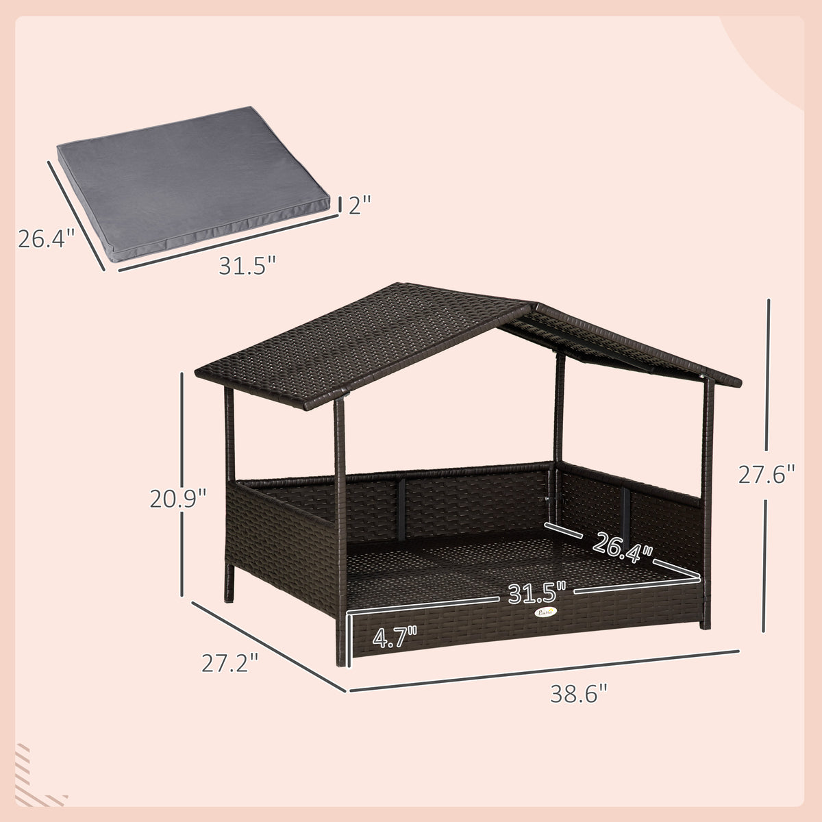 Wicker Dog House Outdoor with Canopy, Rattan Dog Bed with Water-resistant Cushion, Raised Pet Bed for Small, Medium Bree