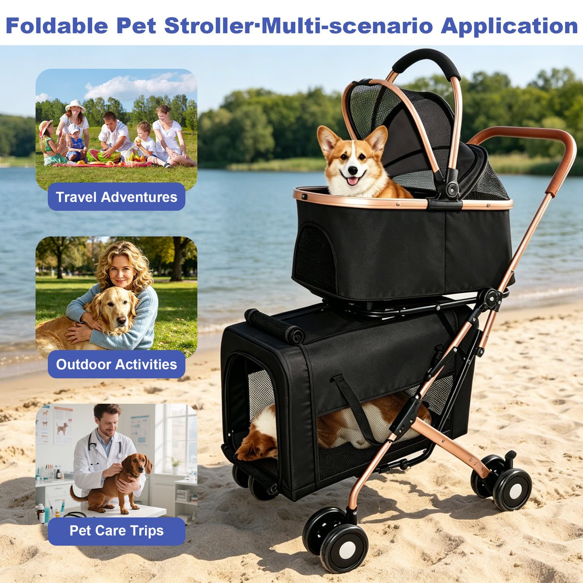 Double Pet Stroller for Dogs and Cats, Foldable Frame, 3-in-1 Convertible Carrier/Tote, Shockproof Wheels, Brake System,