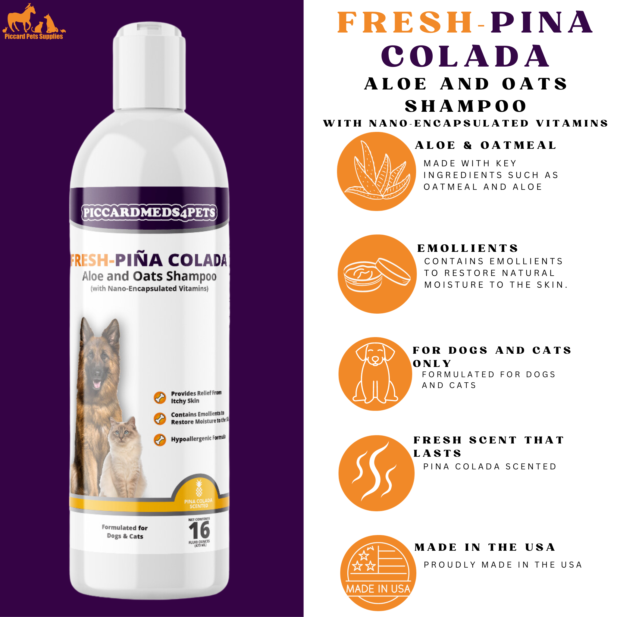 Piccardmeds4pets Fresh Piña Colada Aloe and Oatmeal Shampoo for Pets 16 oz.