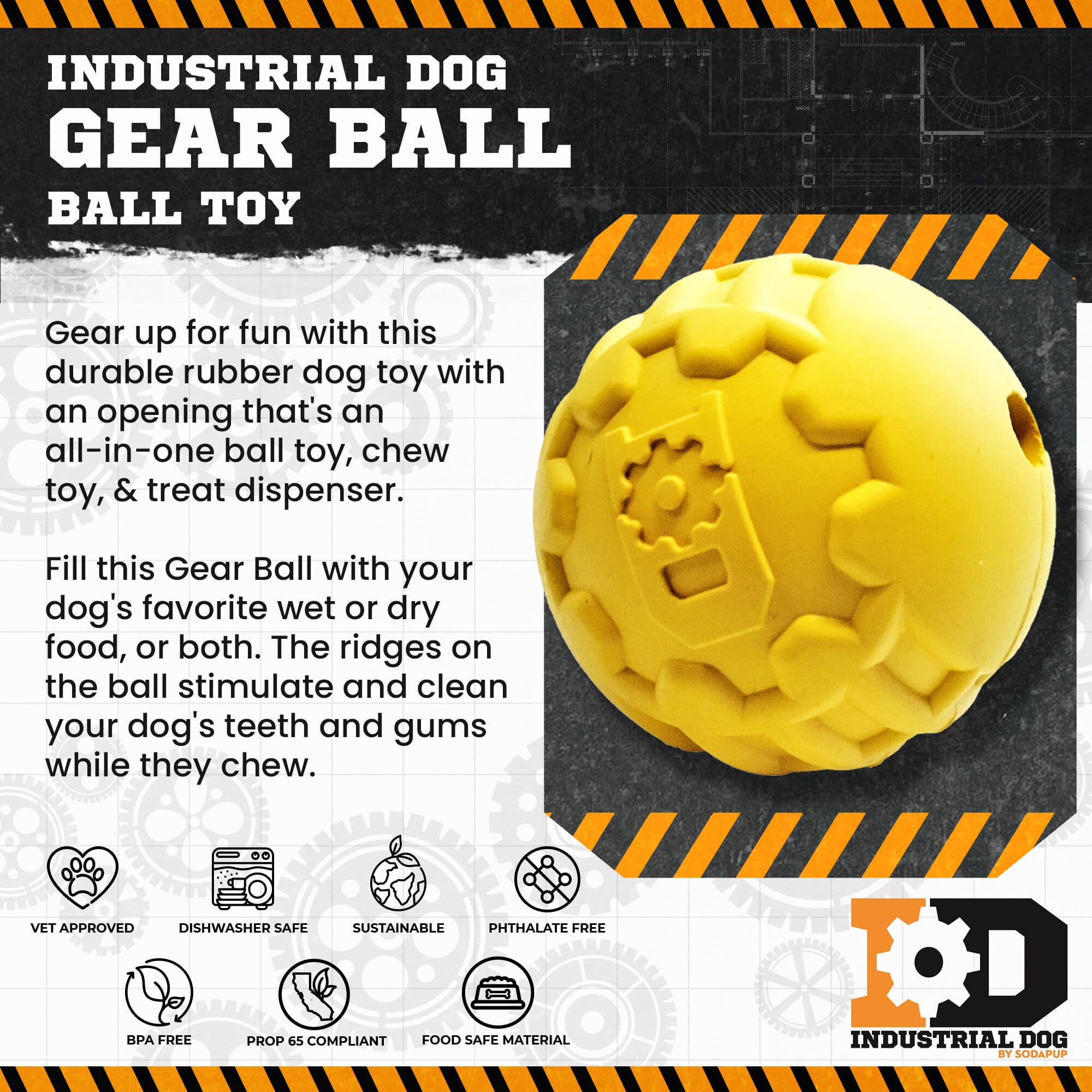Industrial Dog Ball Rubber Chew Toy for Heavy Chewers | Yellow | USA Made | SodaPup - BIG FRENCHIES