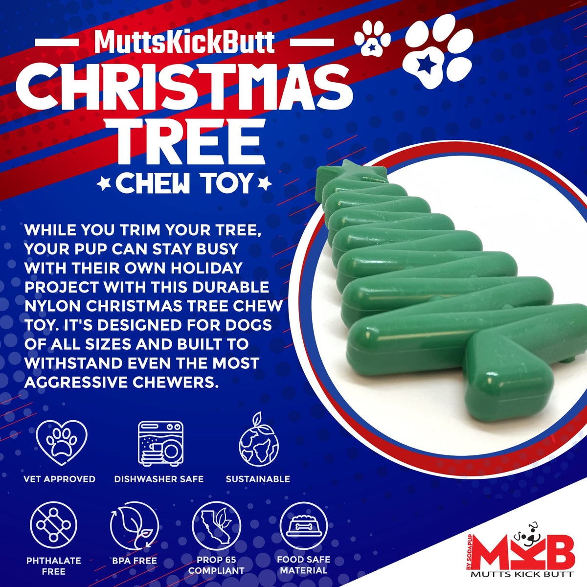 Christmas Tree Nylon Dog Chew Toy for Aggressive Chewers | USA Made & FDA Compliant - BIG FRENCHIES