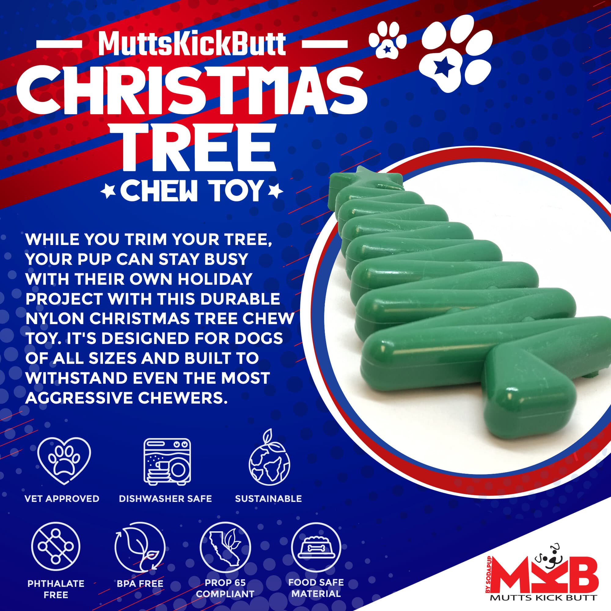 Christmas Tree Nylon Dog Chew Toy for Aggressive Chewers | USA Made & FDA Compliant - BIG FRENCHIES