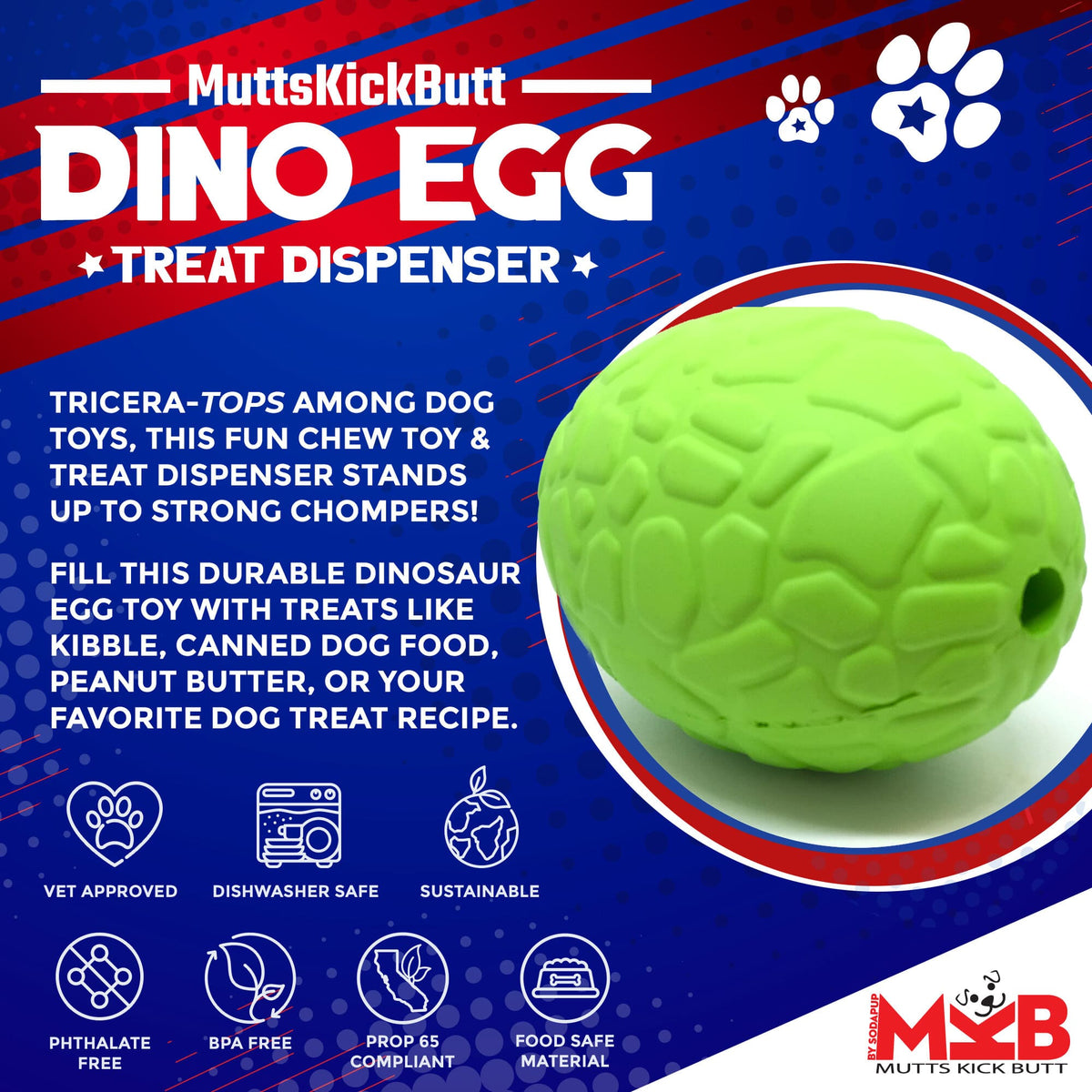 Dinosaur Egg Dog Chew Toy & Treat Dispenser - USA Made | SodaPup - BIG FRENCHIES