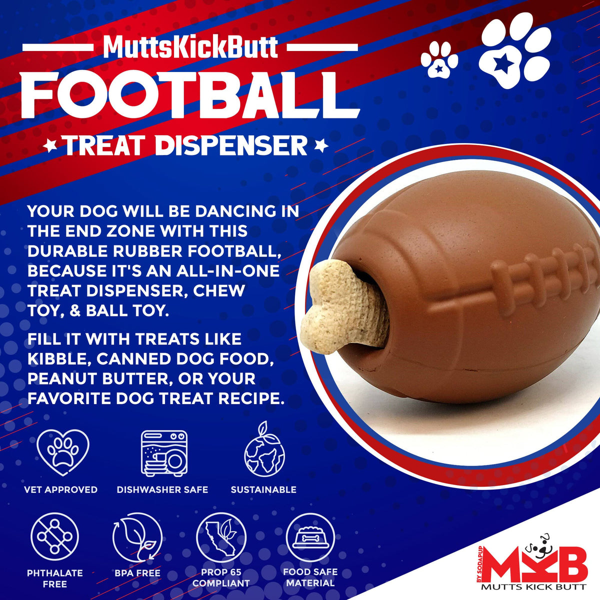 Football Dog Chew Toy & Treat Dispenser - USA Made | SodaPup - BIG FRENCHIES