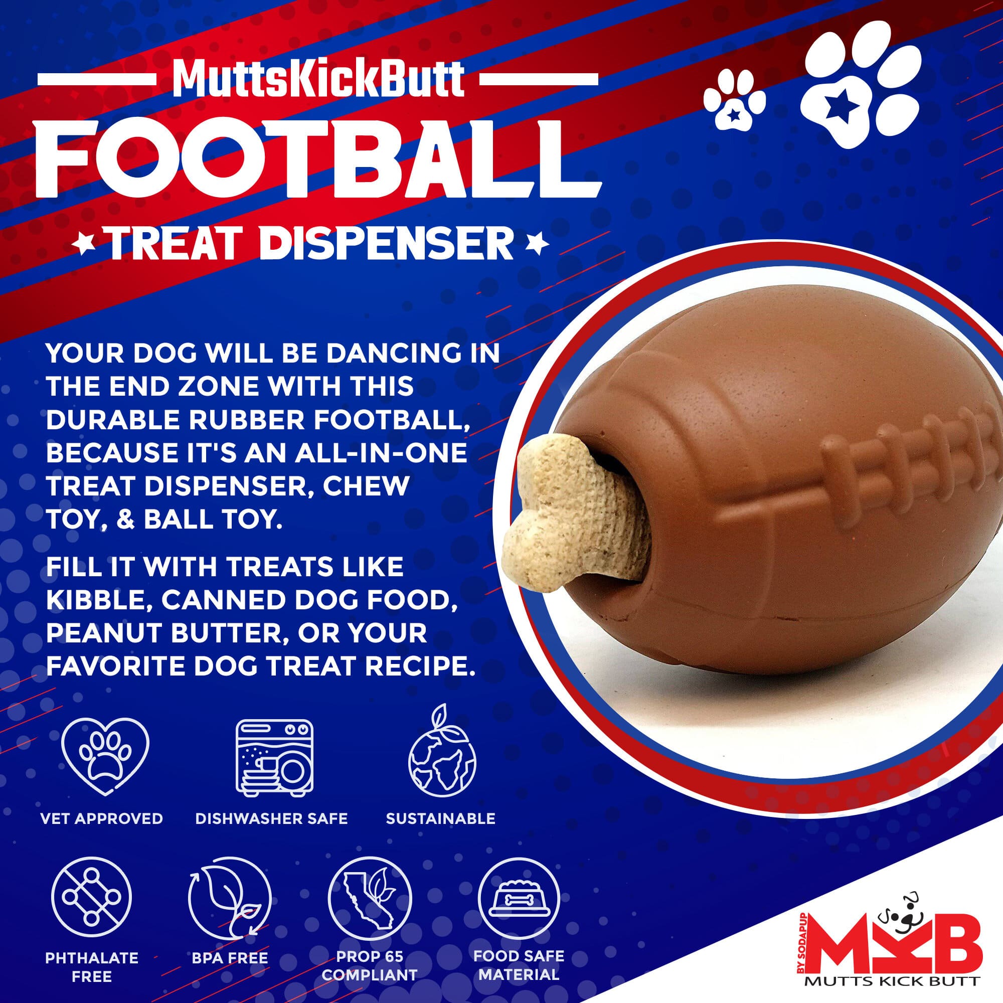 Football Dog Chew Toy & Treat Dispenser - USA Made | SodaPup - BIG FRENCHIES