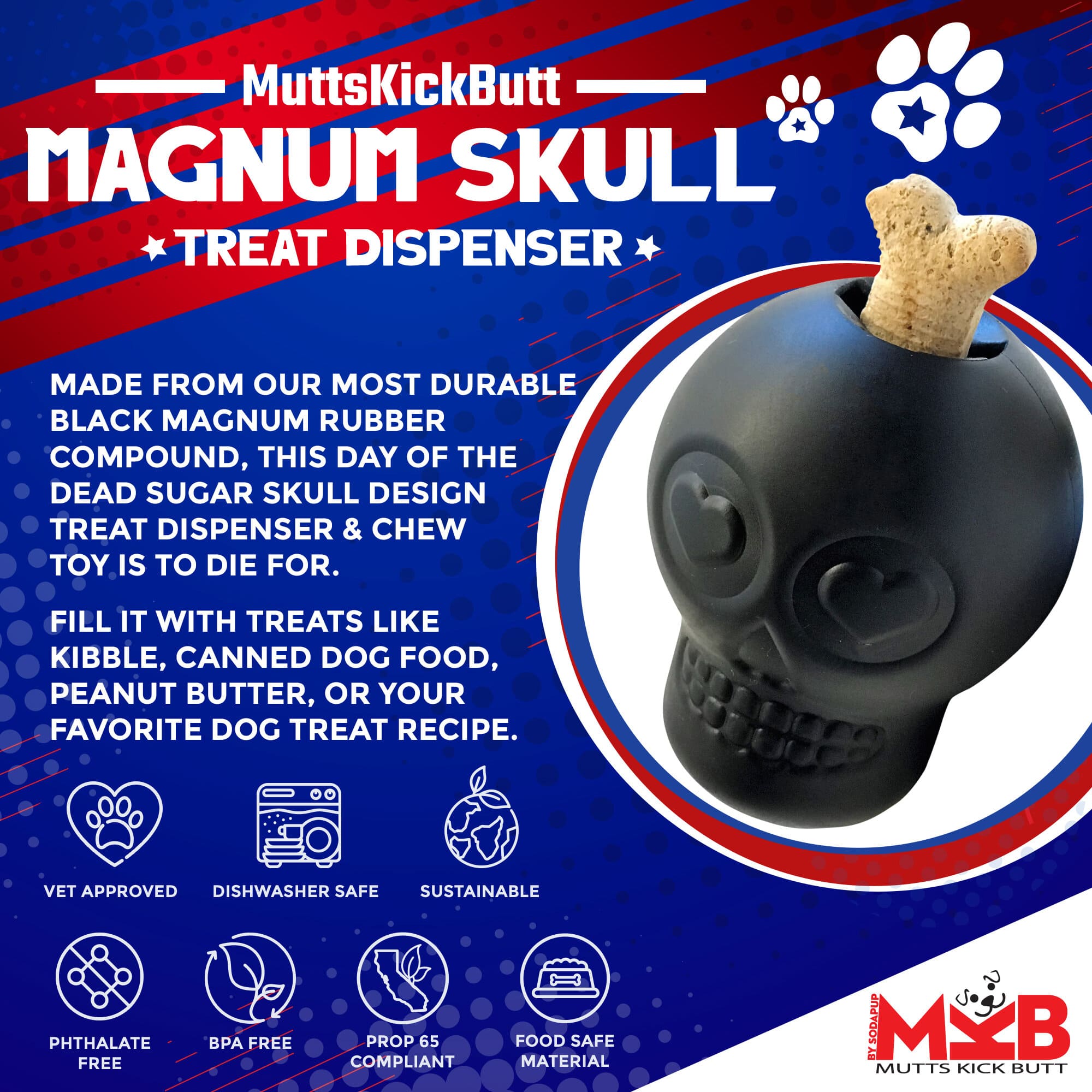 Magnum Sugar Skull Dog Chew Toy & Treat Dispenser - USA Made | SodaPup