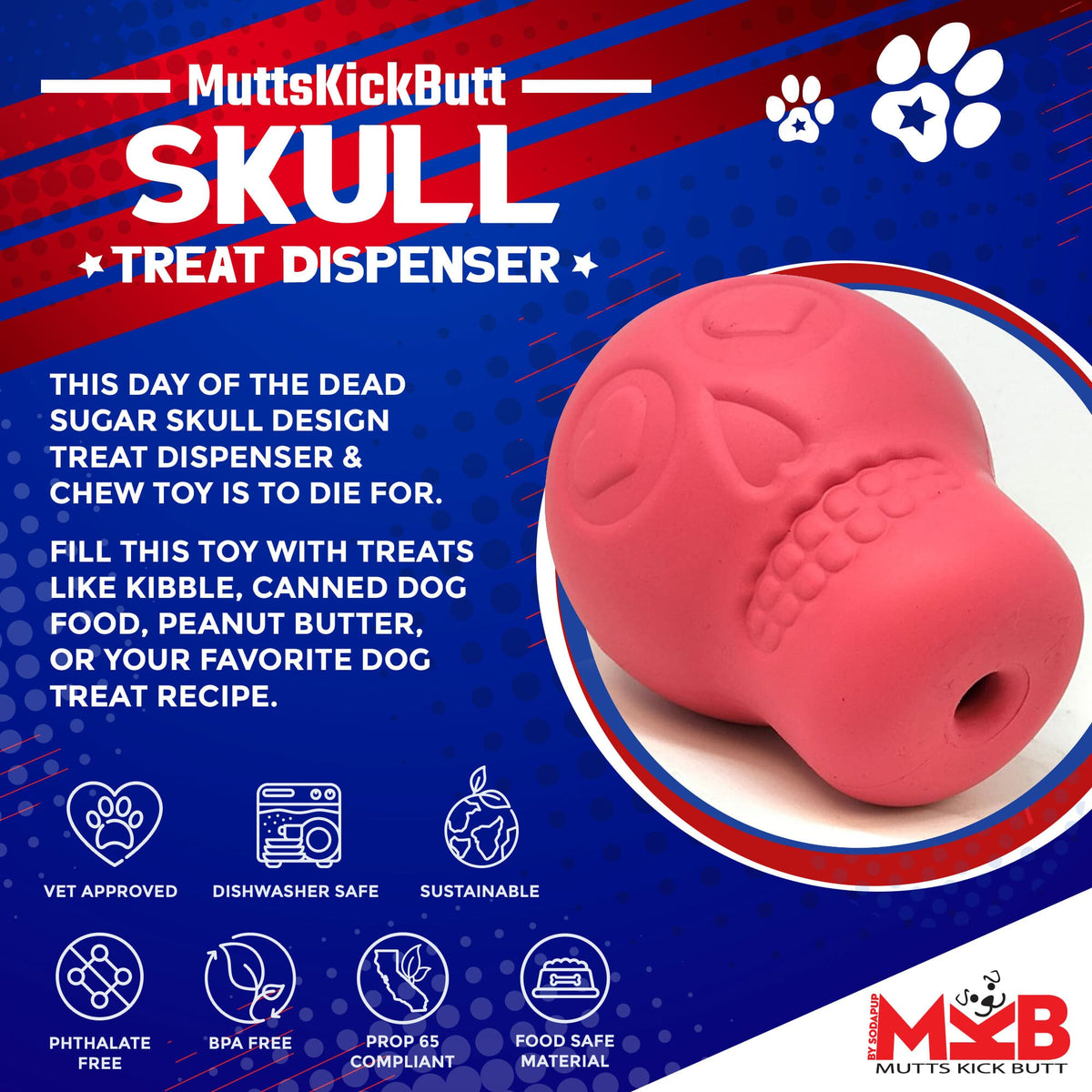 Sugar Skull Dog Chew Toy & Treat Dispenser - USA Made | SodaPup - BIG FRENCHIES