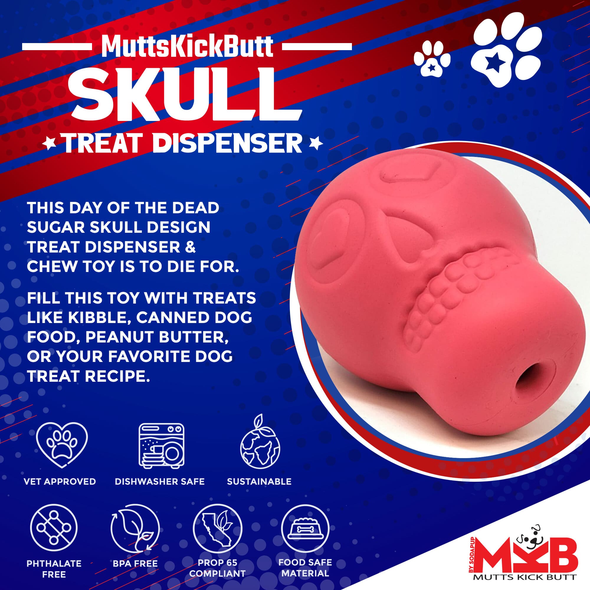 Sugar Skull Dog Chew Toy & Treat Dispenser - USA Made | SodaPup - BIG FRENCHIES