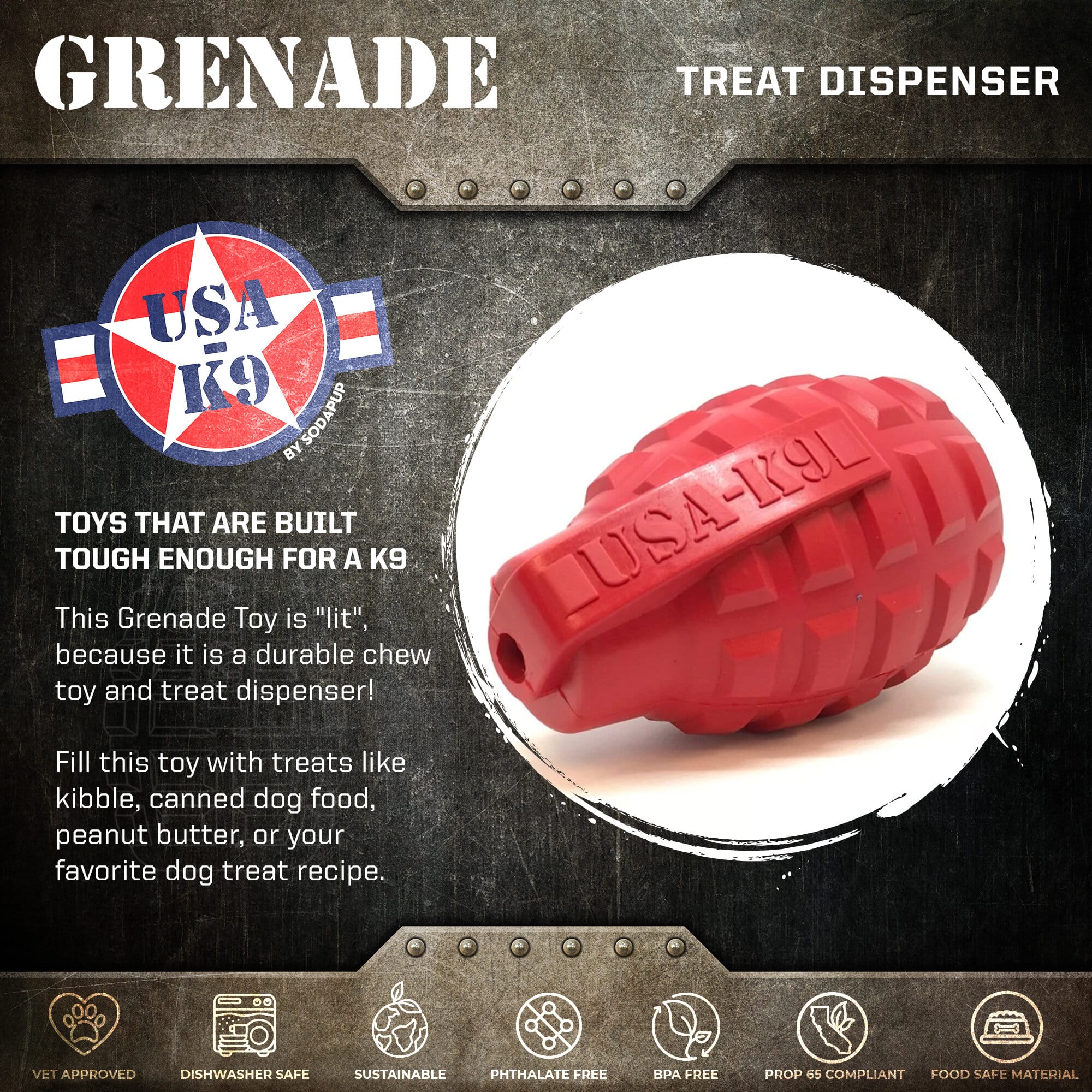 Grenade Shaped eDispenser Durable Dog Chew Toy & Treat Dispenser - Army Green - BIG FRENCHIES