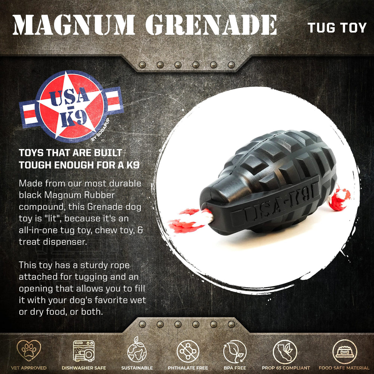 USA-K9 Magnum Grenade - Black Magnum Rubber Chew Toy for Extreme Chewers | USA Made - BIG FRENCHIES